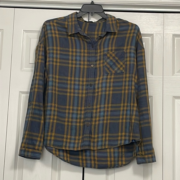 EUC Prana women’s Button Down Plaid Flannel Shirt yellow/blue/grey Sz XL - Picture 1 of 13